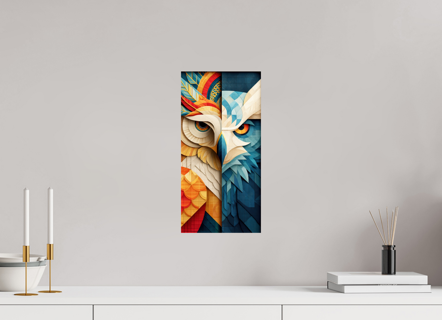 8 x 16.2″, Fine Art Print On Aluminum Dibond Abstract Warm & Cold Owl