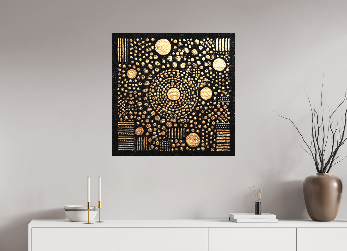 30 x 30″, Textile on Canvas Gold QR