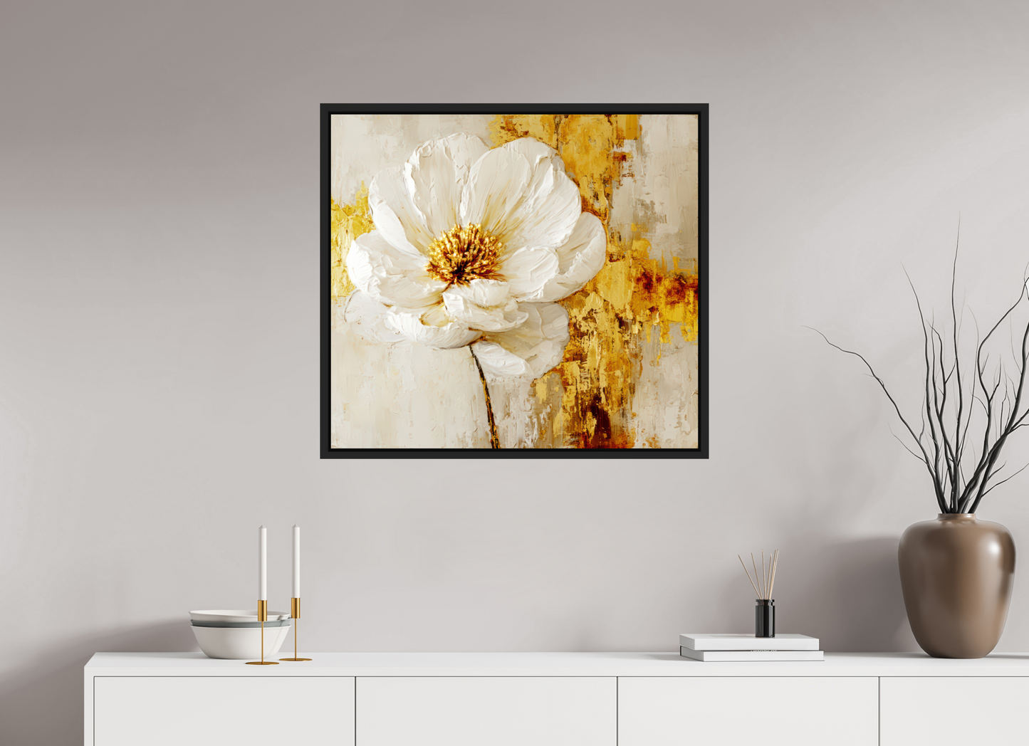 30.7 x 28″, Fine Art Print on Aluminum Dibond with Boarder White and Gold Flower 3