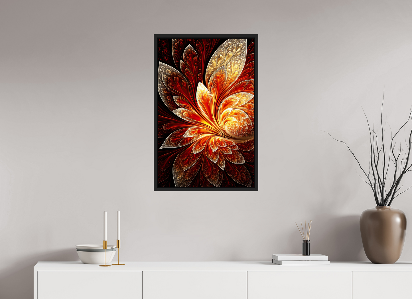 20 x 31″, Fine Art Print on Aluminum Dibond with Boarder Abstract Fire Flower