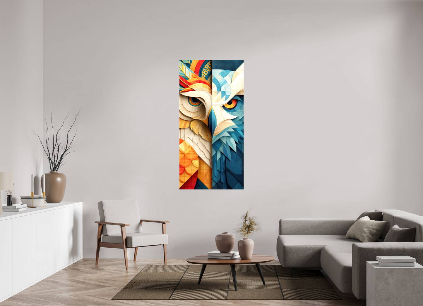 31 x 62.8″, Glossy Canvas Abstract Warm & Cold Owl