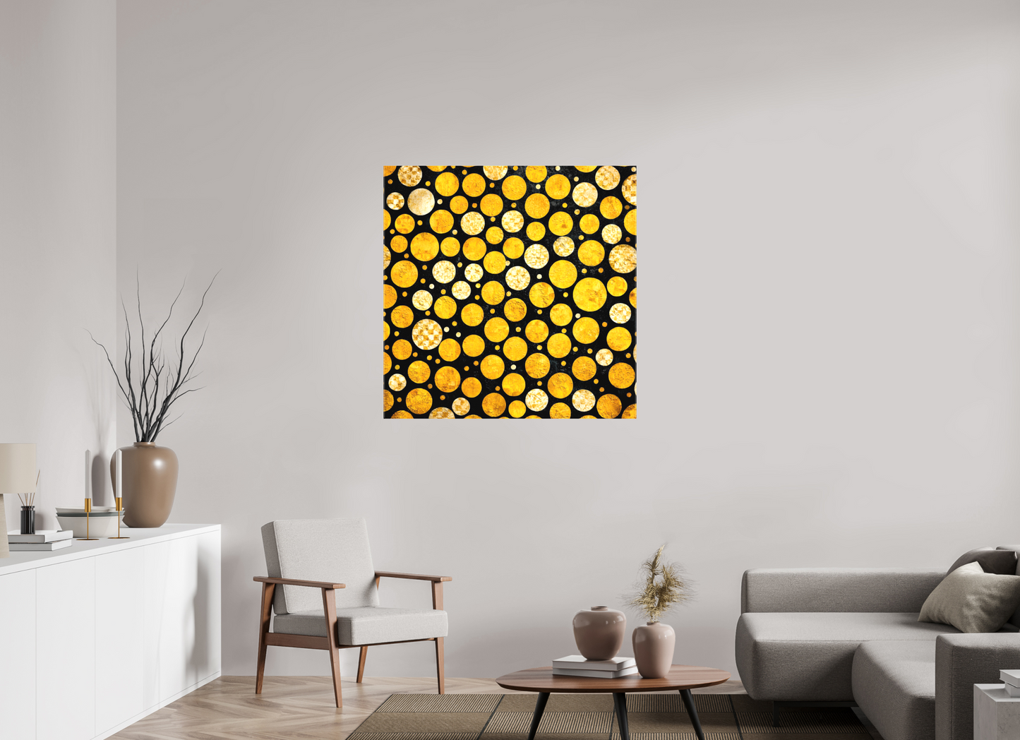 40 x 40″, Textile on Canvas Gold Dots