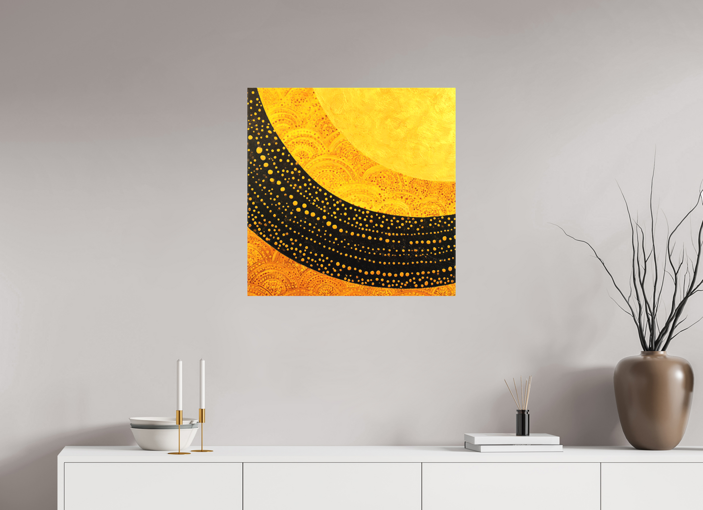25 x 25″, Textile on Canvas Art Deco Sun