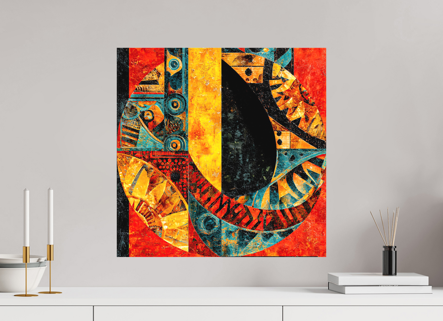20 x 20″, Textile on Canvas Tribal Circle 1