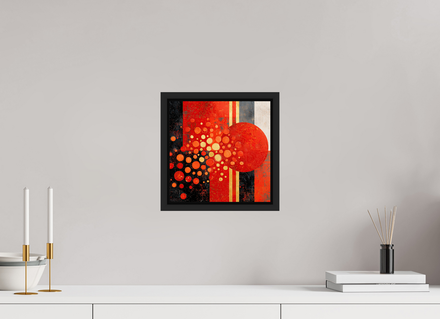 10 x 10″, Fine Art Print on Aluminum Dibond with Boarder Abstract Red Dots