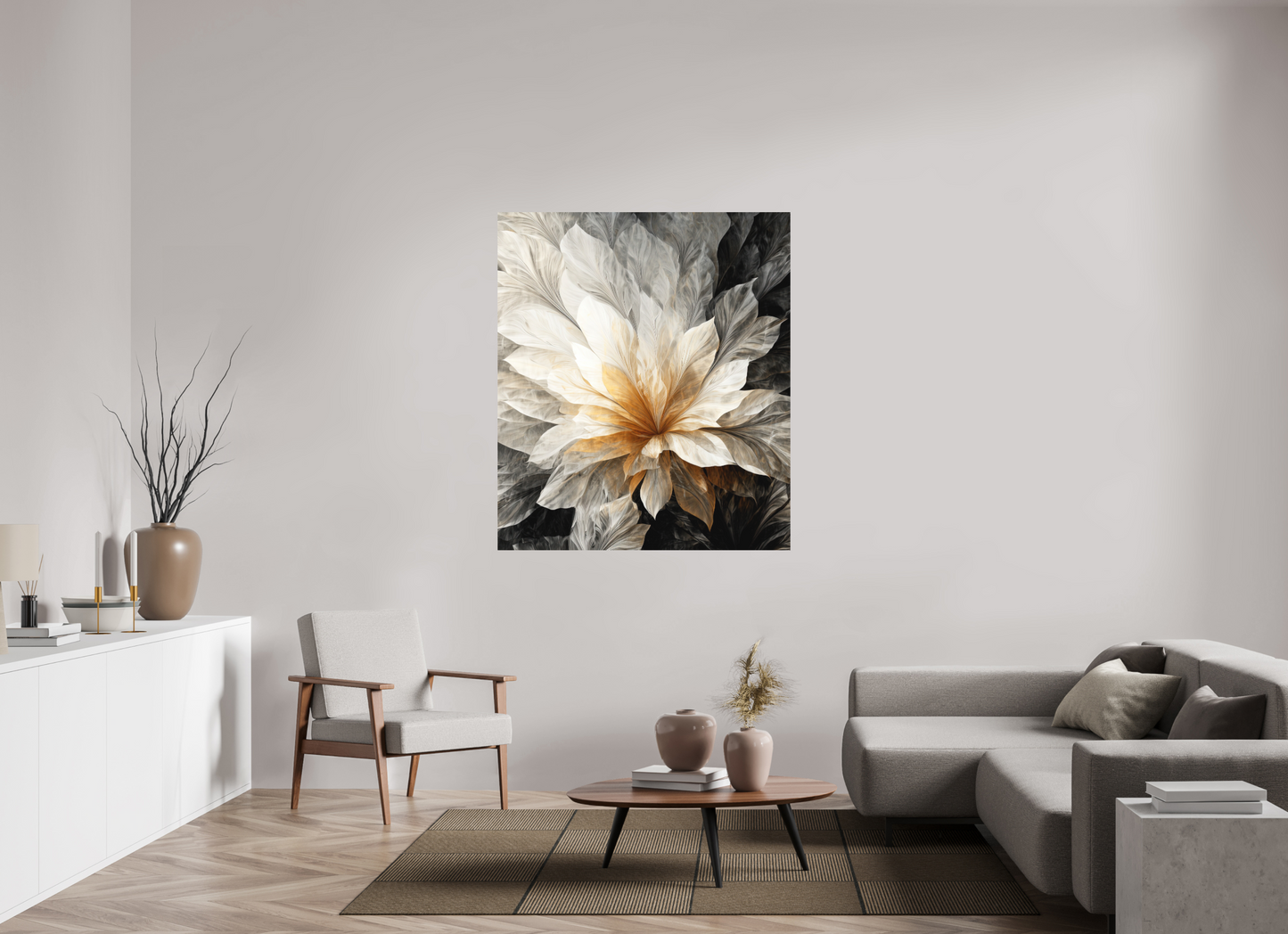 47 x 54.3″, Photo Print on Aluminum Backing White & Gold Flower 1