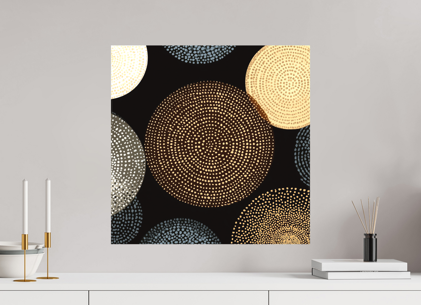 20 x 20″, Textile on Canvas Dot Circles