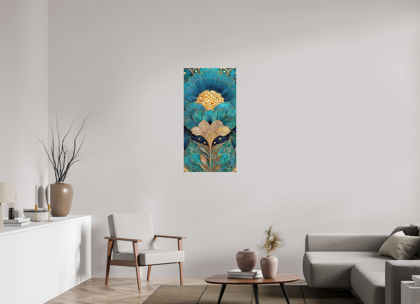20 x 40″, Textile on Canvas Art Deco Teal Flower 1