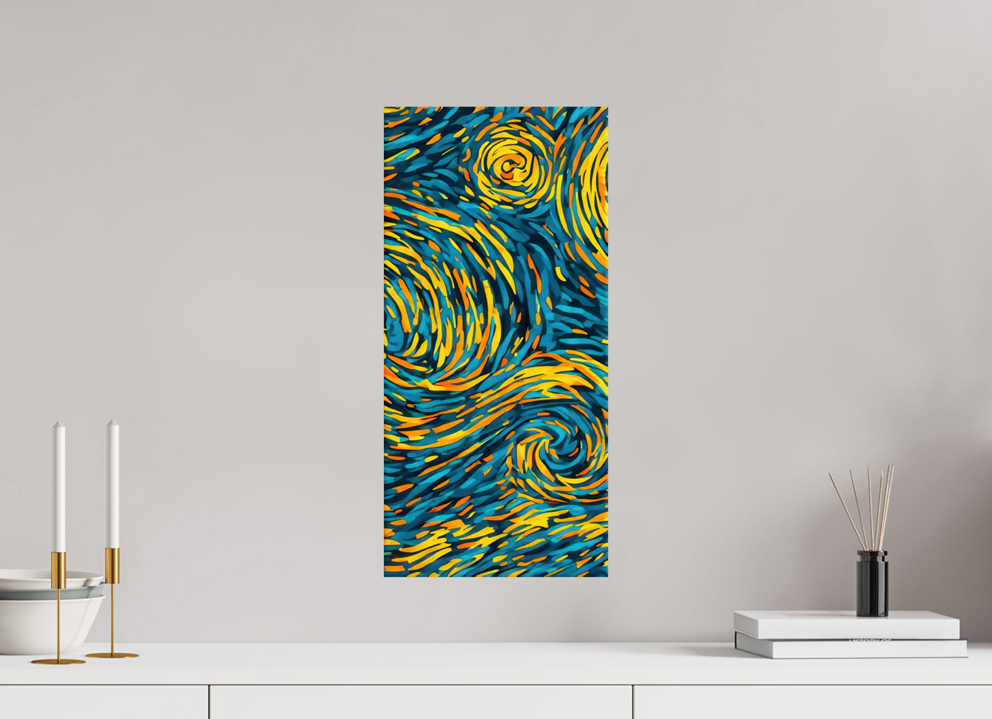 10 x 21″, Fine Art Print On Aluminum Dibond Abstract Blue & Yellow Swirls