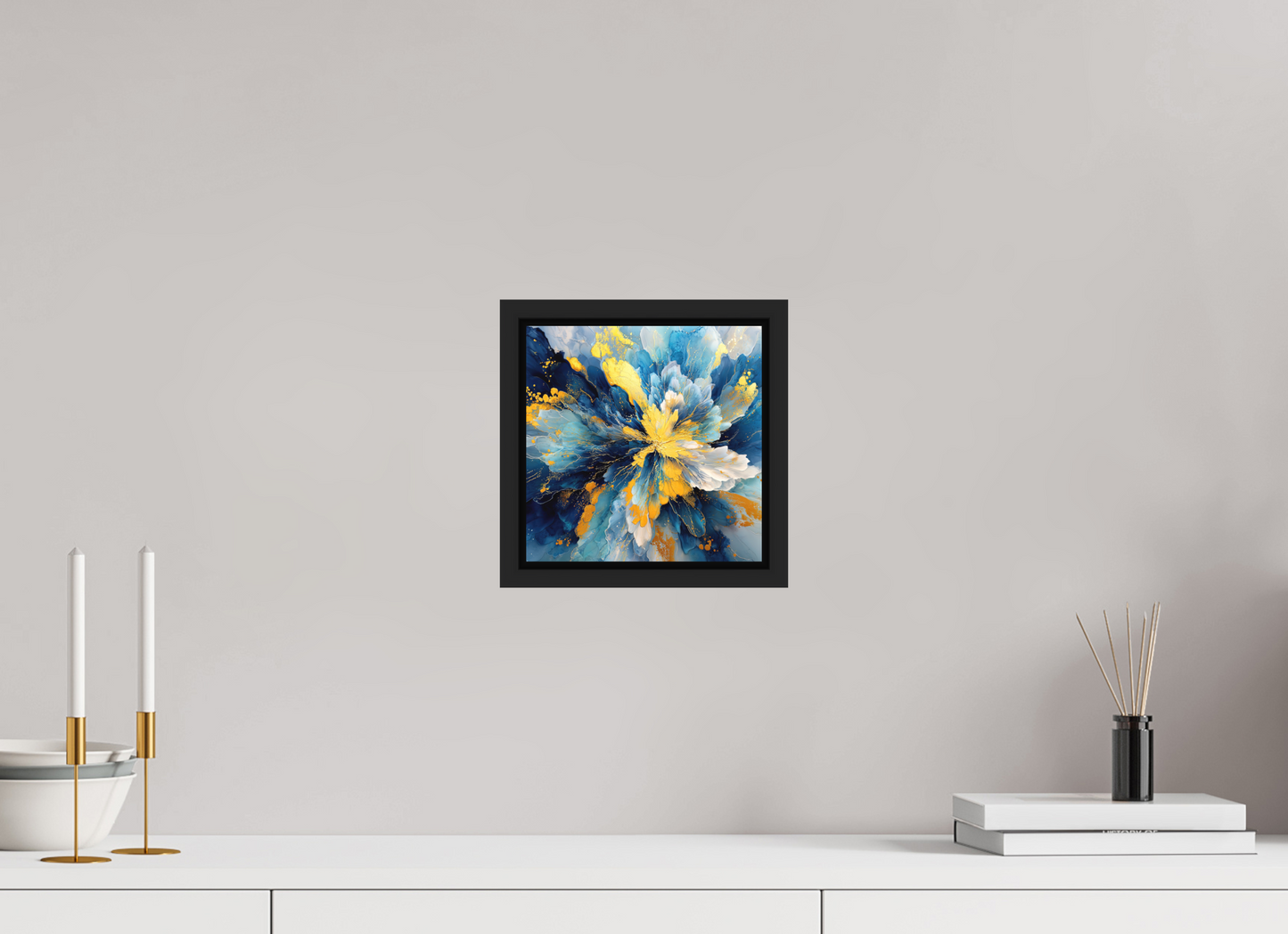 8 x 8″, Photo Print on Aluminum Backing with boarder Abstract Blue & Gold Flower