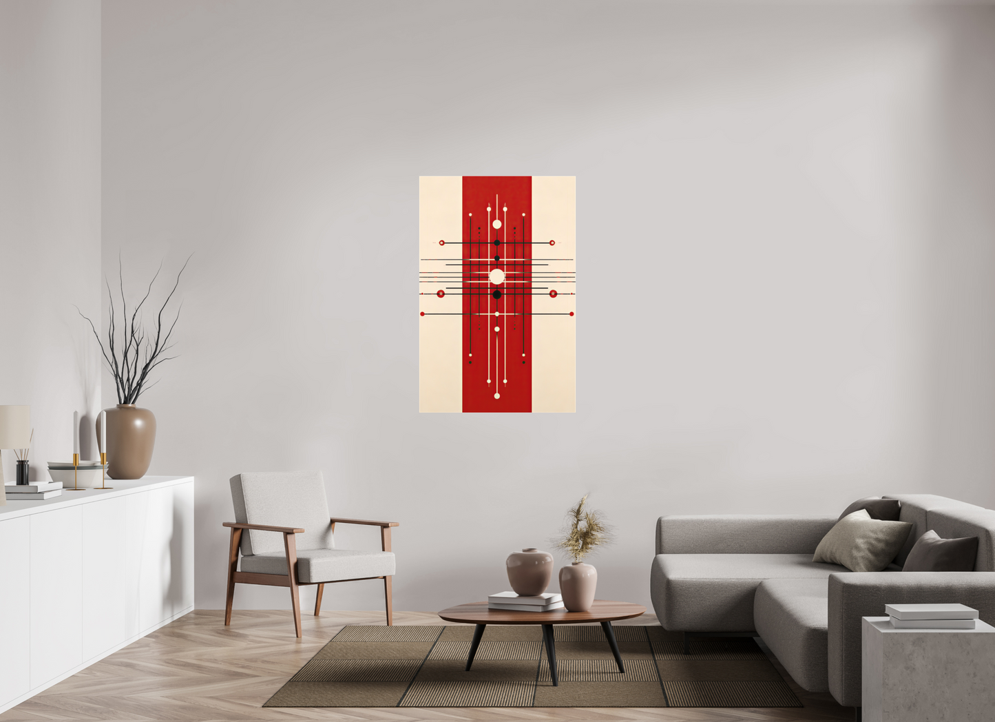 32 x 48.5″, Textile on Canvas Red Line