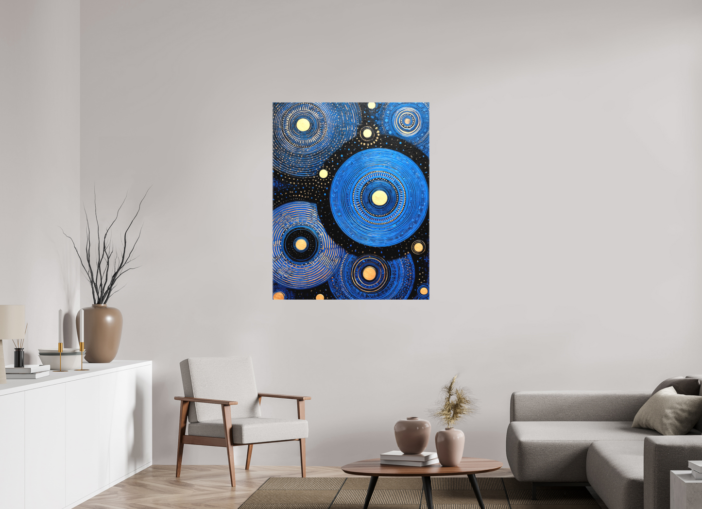 36 x 45.4″, Textile on Canvas Blue Circles