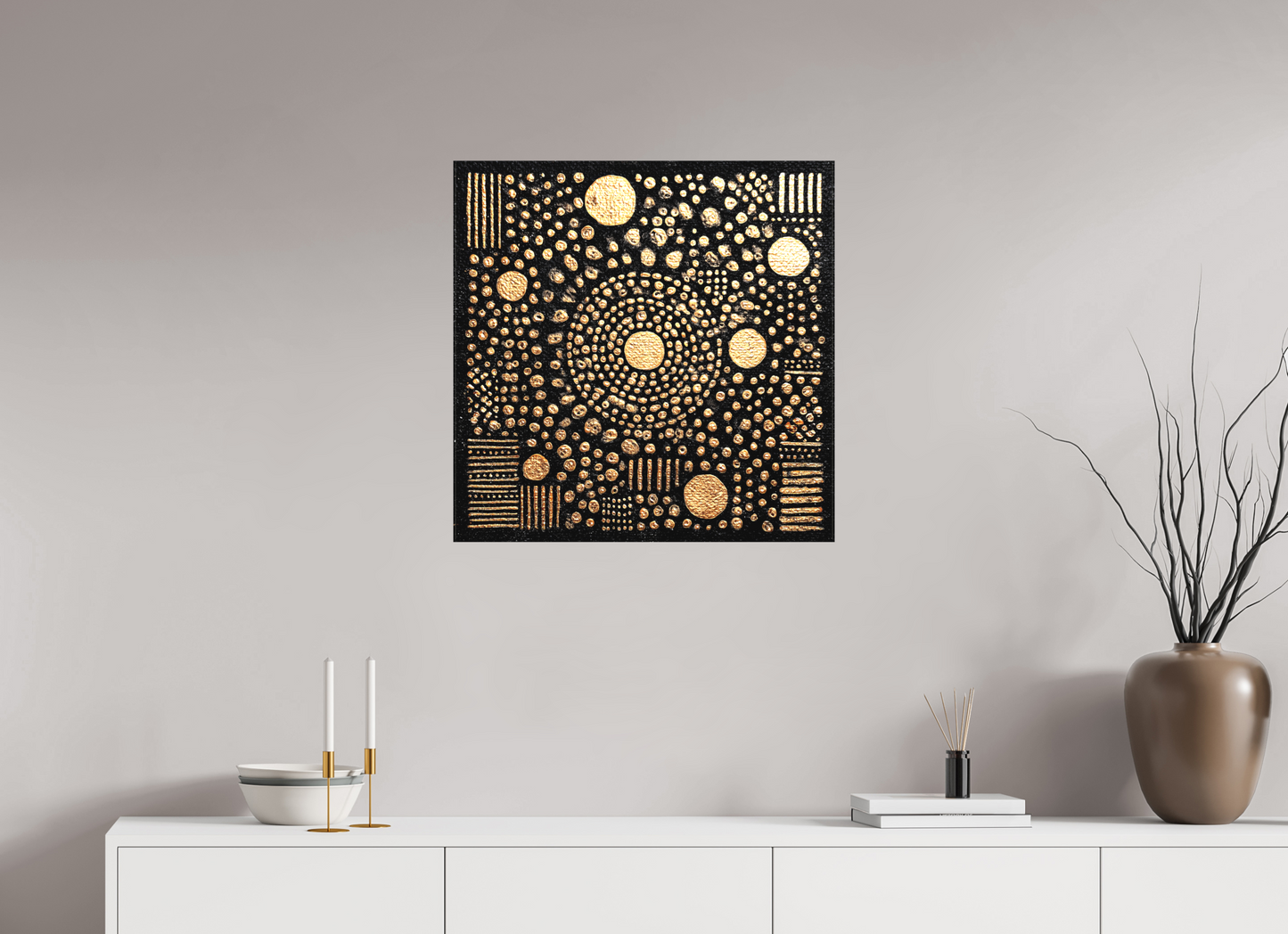 25 x 25″, Textile on Canvas Gold QR