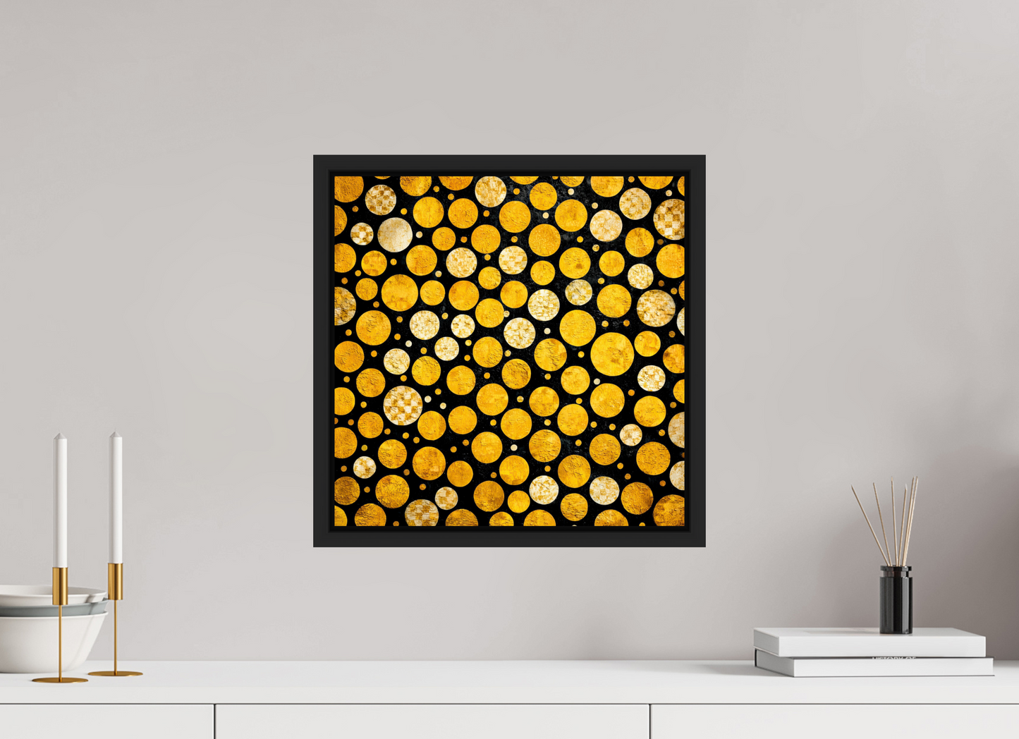 15 x 15″, Fine Art Print on Aluminum Dibond with Boarder Gold Dots