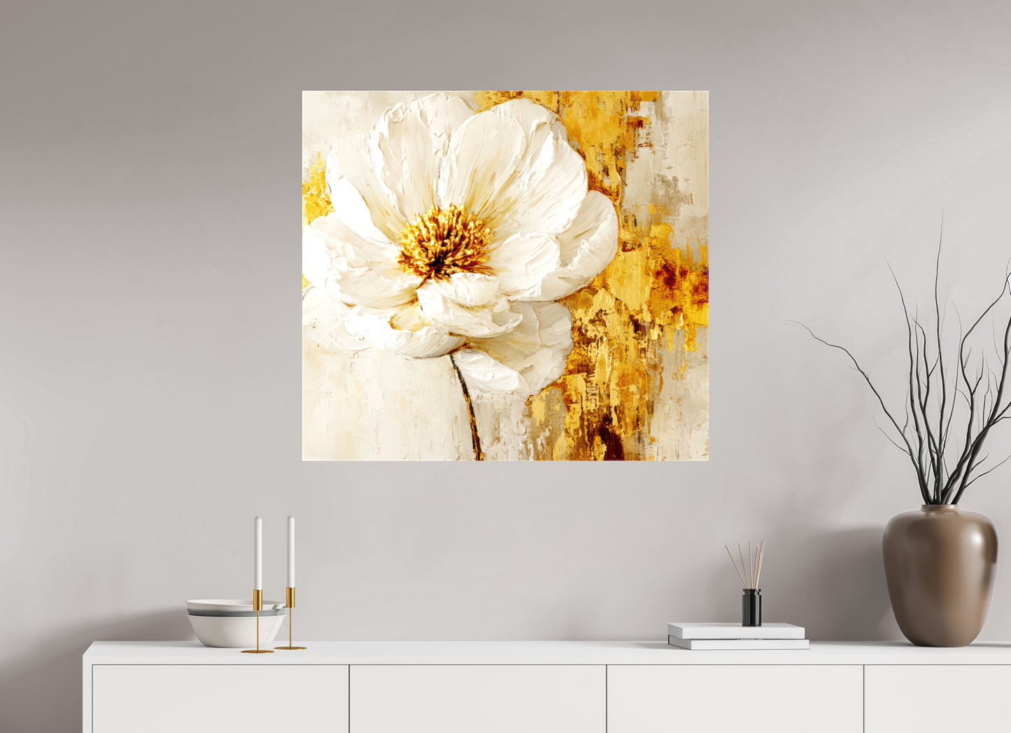 34.1 x 31″, Glossy Canvas White and Gold Flower 3