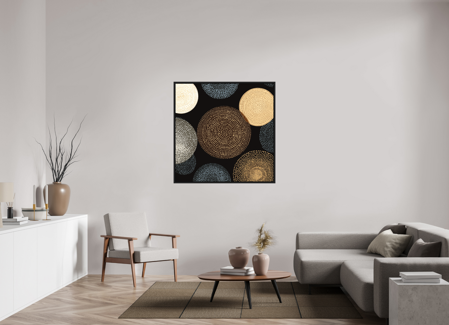 45 x 45″, Photo Print on Aluminum Backing with boarder Dot Circles