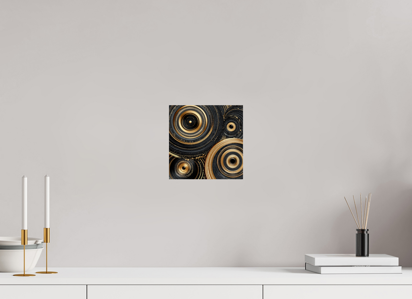 8 x 8″, Fine Art Print On Aluminum Dibond Gold & Black Circles