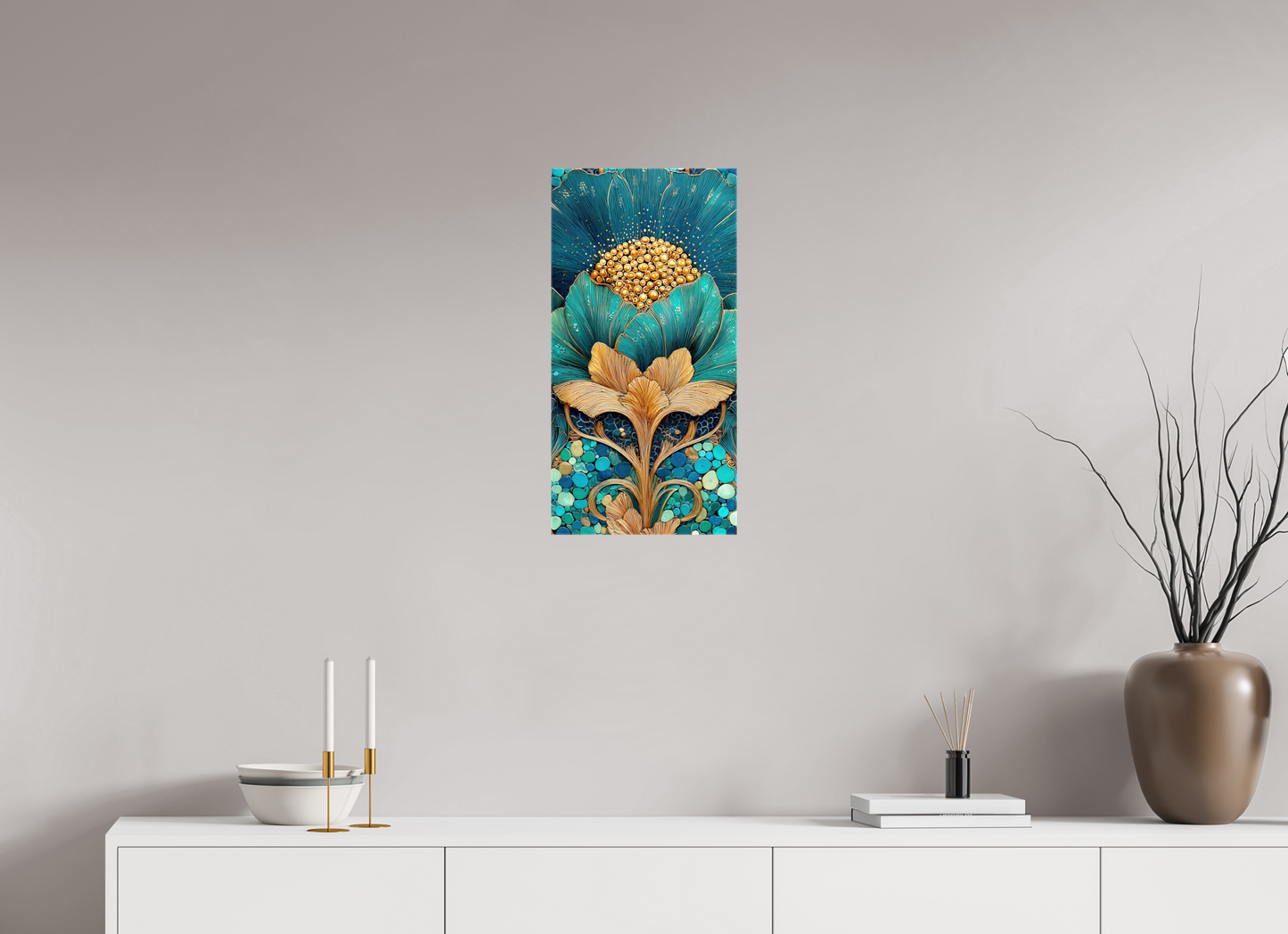 12 x 24″, Glossy Canvas Art Deco Teal Flower 2