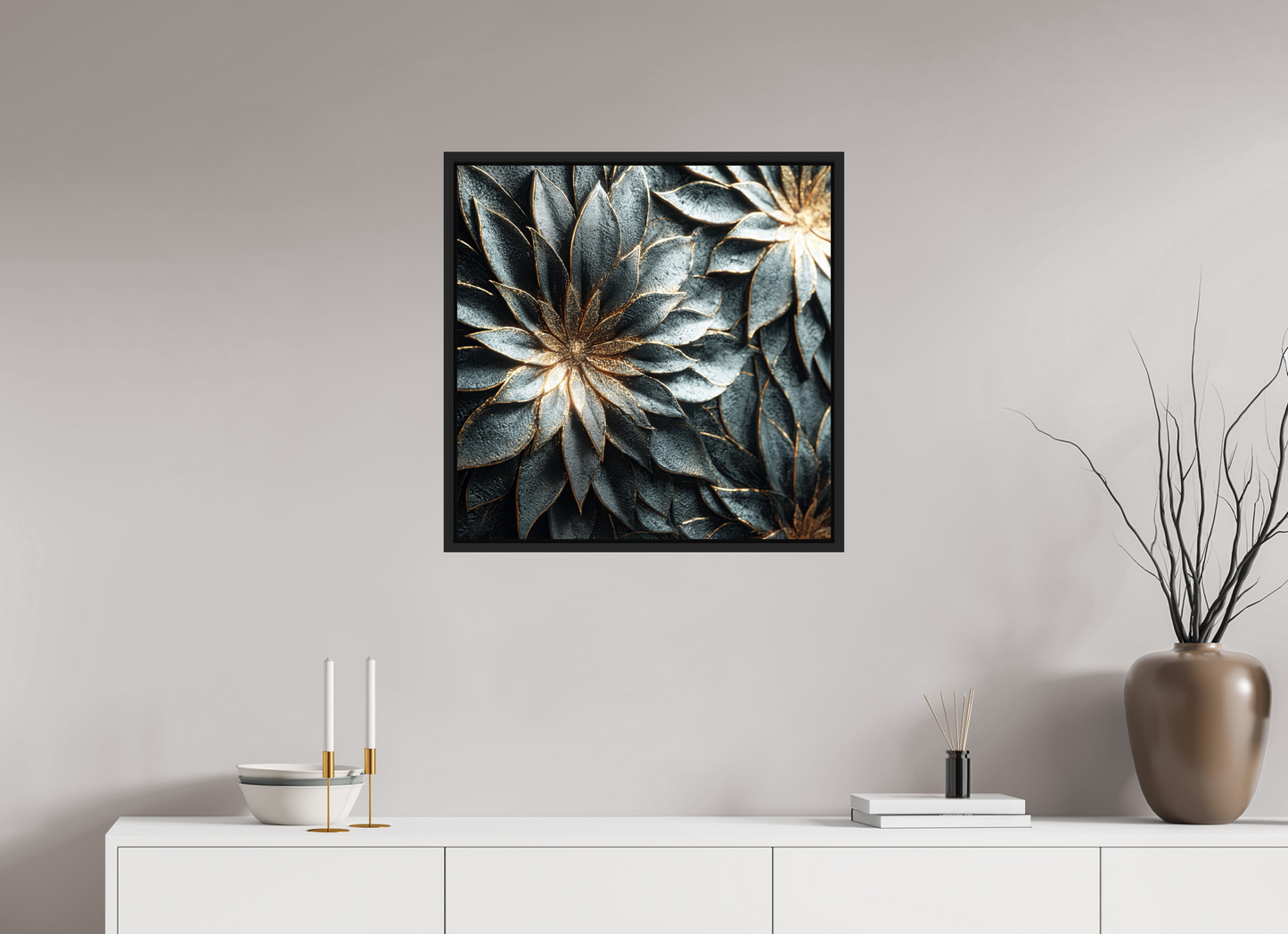 25 x 25″, Fine Art Print on Aluminum Dibond with Boarder Modern Flowers