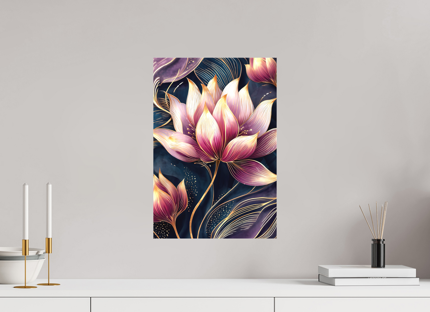 12 x 17.8″, Textile on Canvas Art Deco Purple Lotus