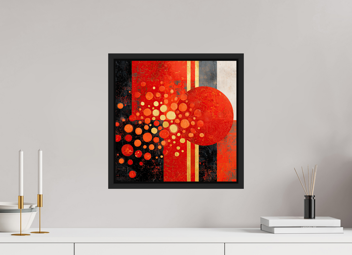 15 x 15″, Fine Art Print on Aluminum Dibond with Boarder Abstract Red Dots