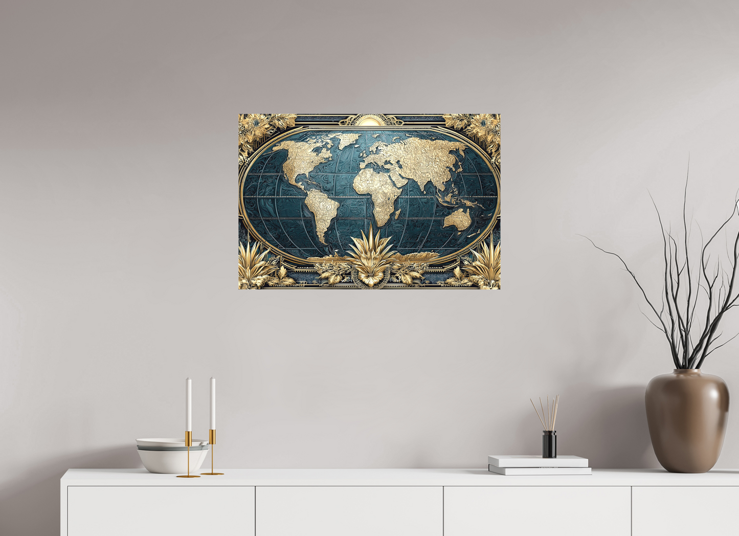 30 x 20″, Textile on Canvas Art Deco World Map