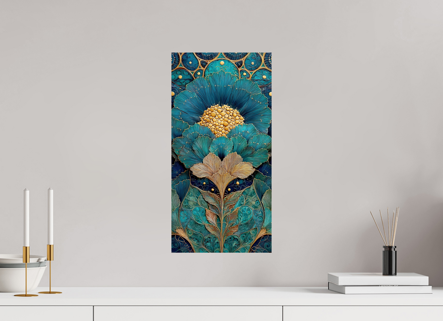 10 x 20″, Fine Art Print On Aluminum Dibond Art Deco Teal Flower 1