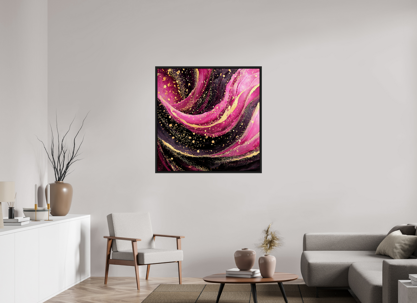 40 x 40″, Fine Art Print on Aluminum Dibond with Boarder Pink & Gold