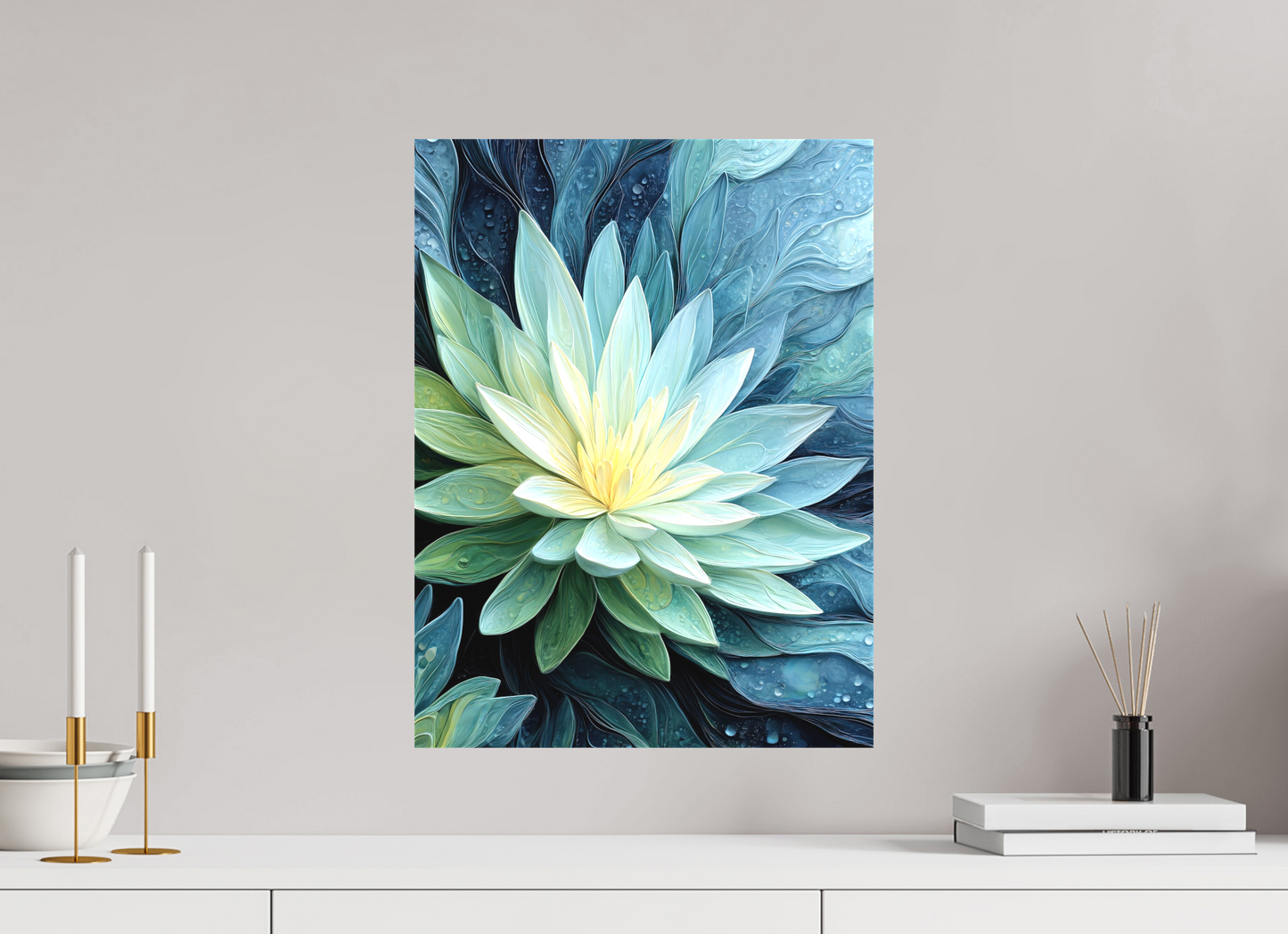 15 x 20″, Textile on Canvas Blue Lily