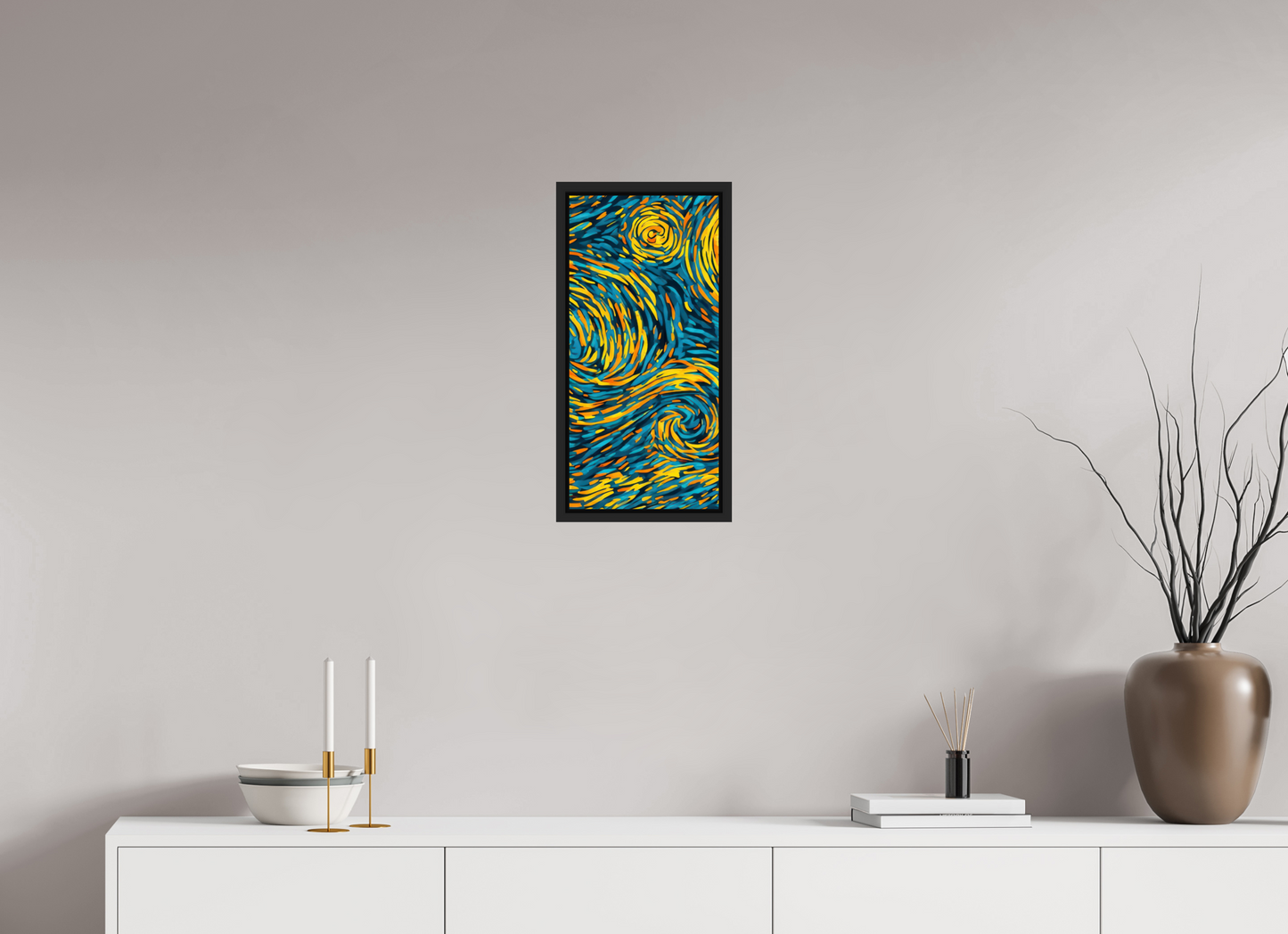 10 x 21″, Fine Art Print on Aluminum Dibond with Boarder Abstract Blue & Yellow Swirls