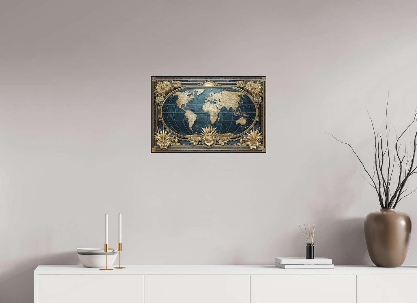 24 x 16″, Photo Print on Aluminum Backing Art Deco World Map