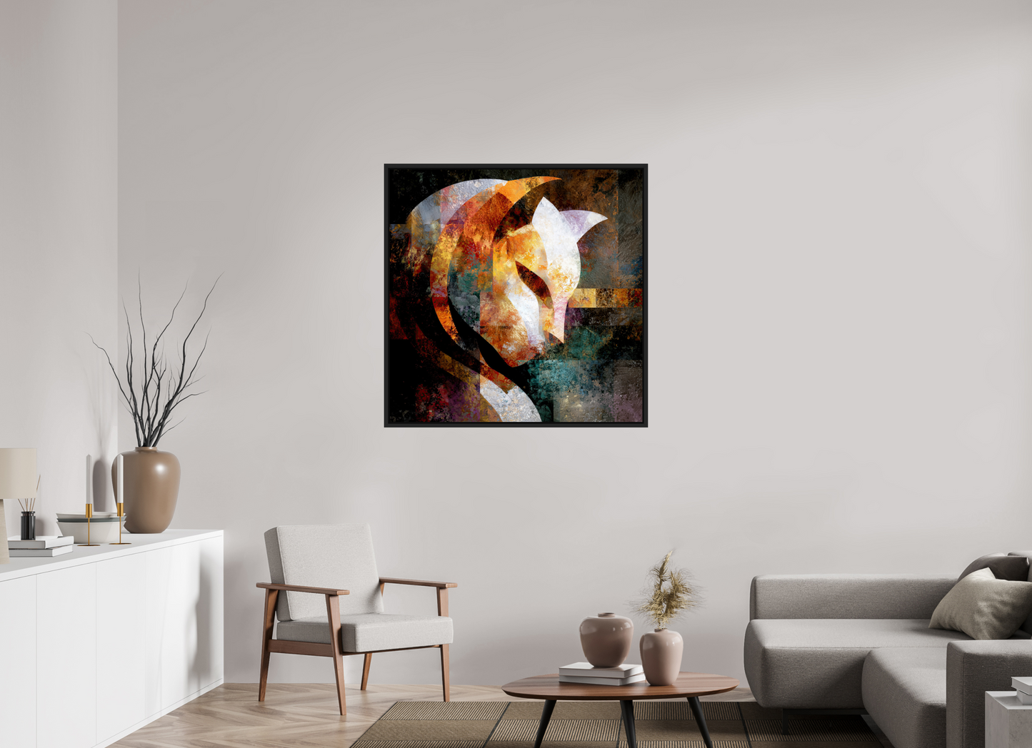 40 x 40″, Fine Art Print on Aluminum Dibond with Boarder Abstract Cat