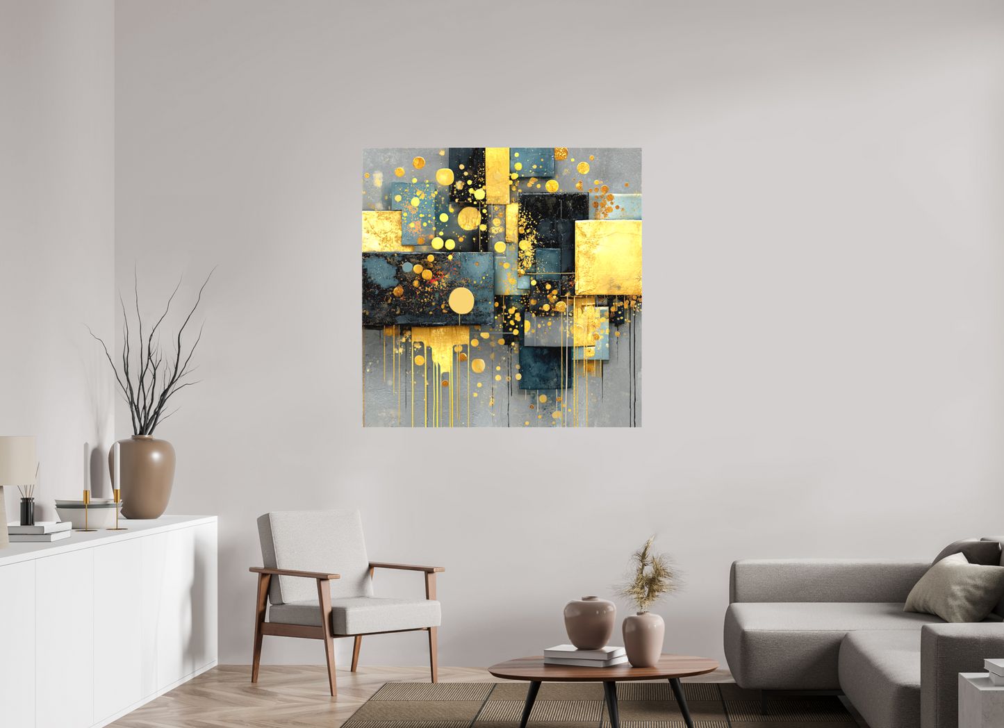 45 x 45″, Textile on Canvas Abstract Gold