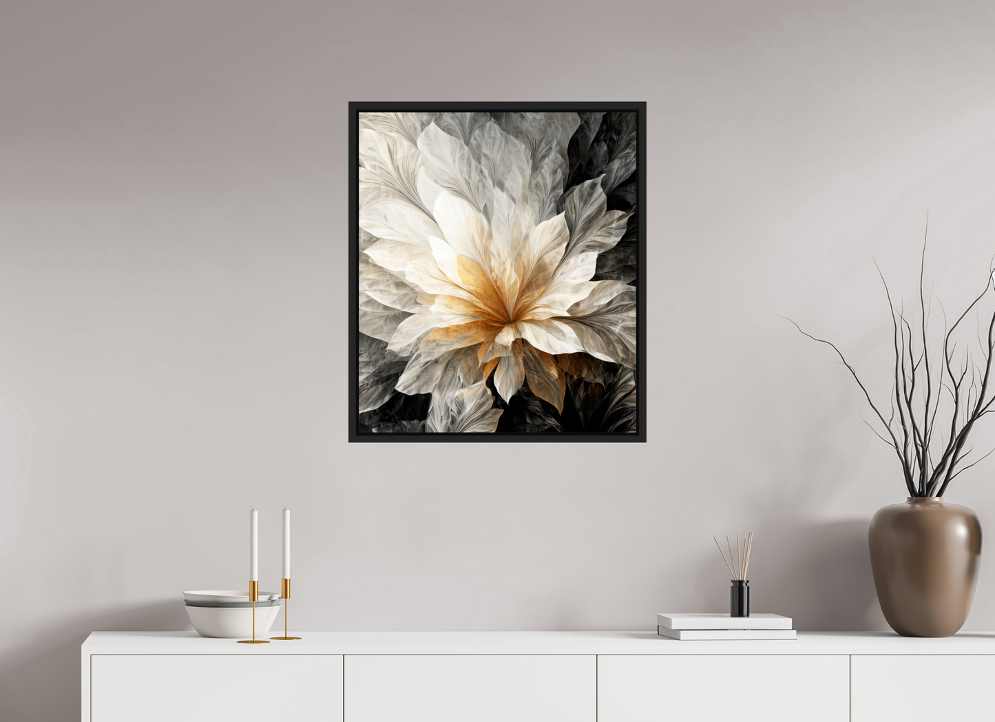 24 x 27.7″, Fine Art Print on Aluminum Dibond with Boarder White & Gold Flower 1