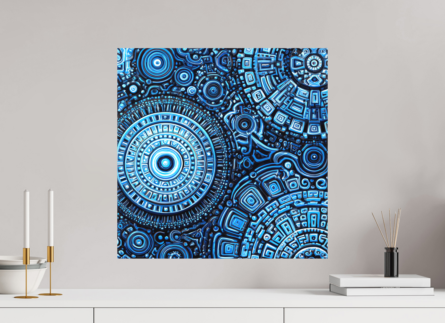 20 x 20″, Textile on Canvas Ancient Blue
