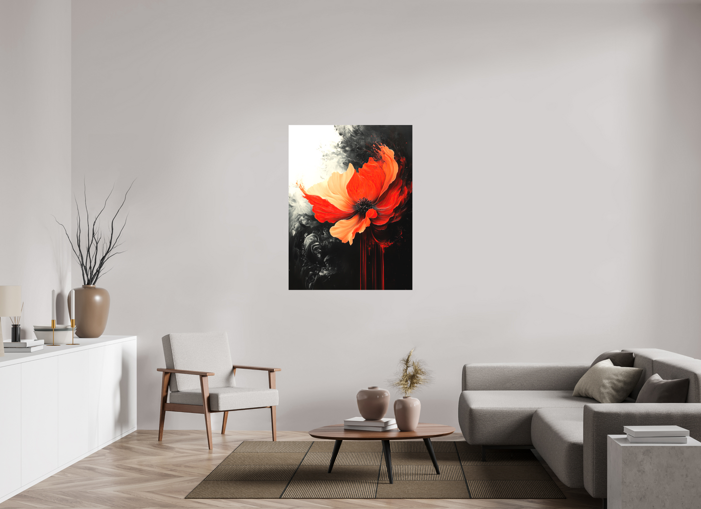 36 x 48″, Textile on Canvas Red Flower