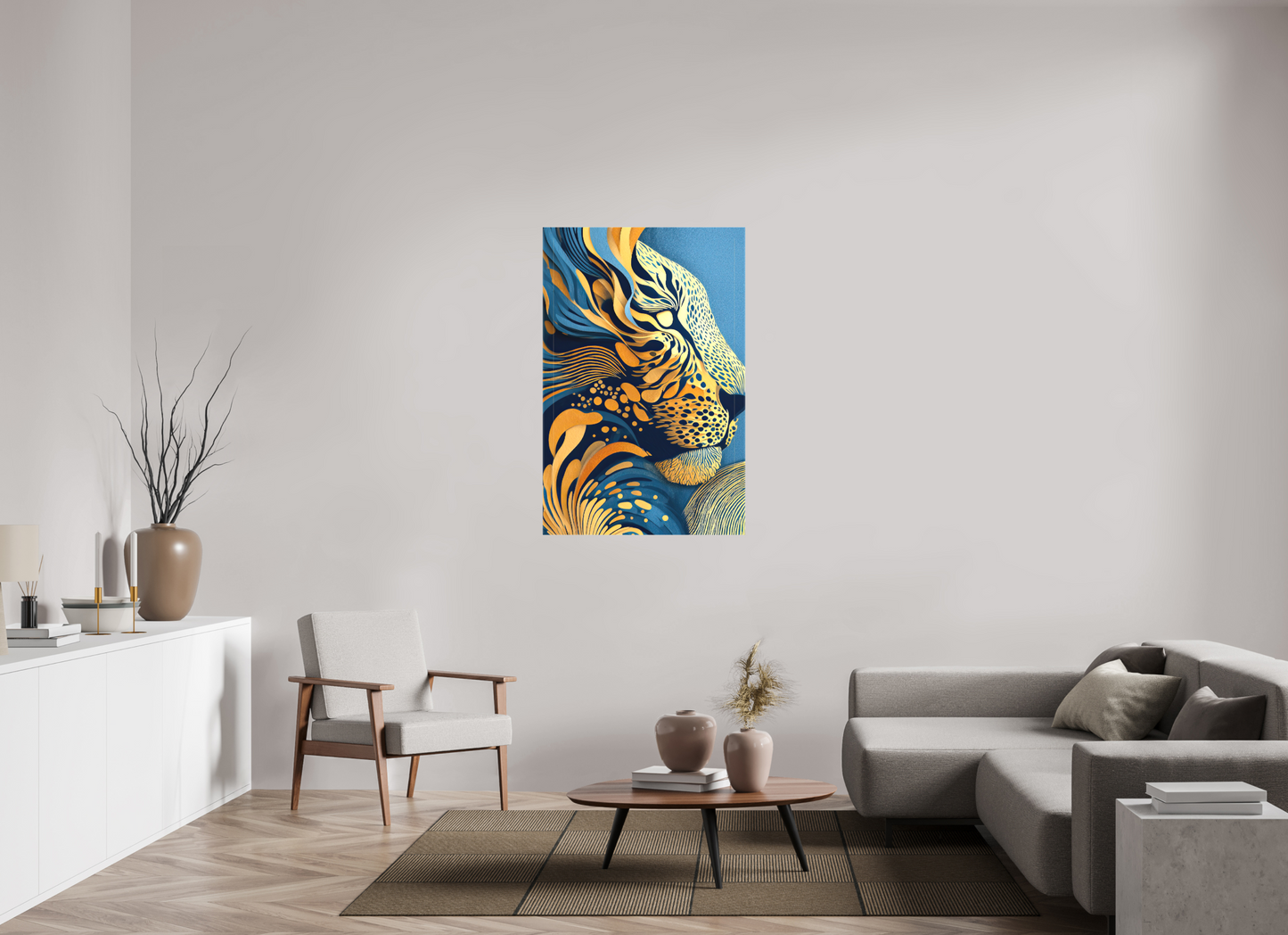 32 x 48.7″, Textile on Canvas Yellow & Blue Cheetah