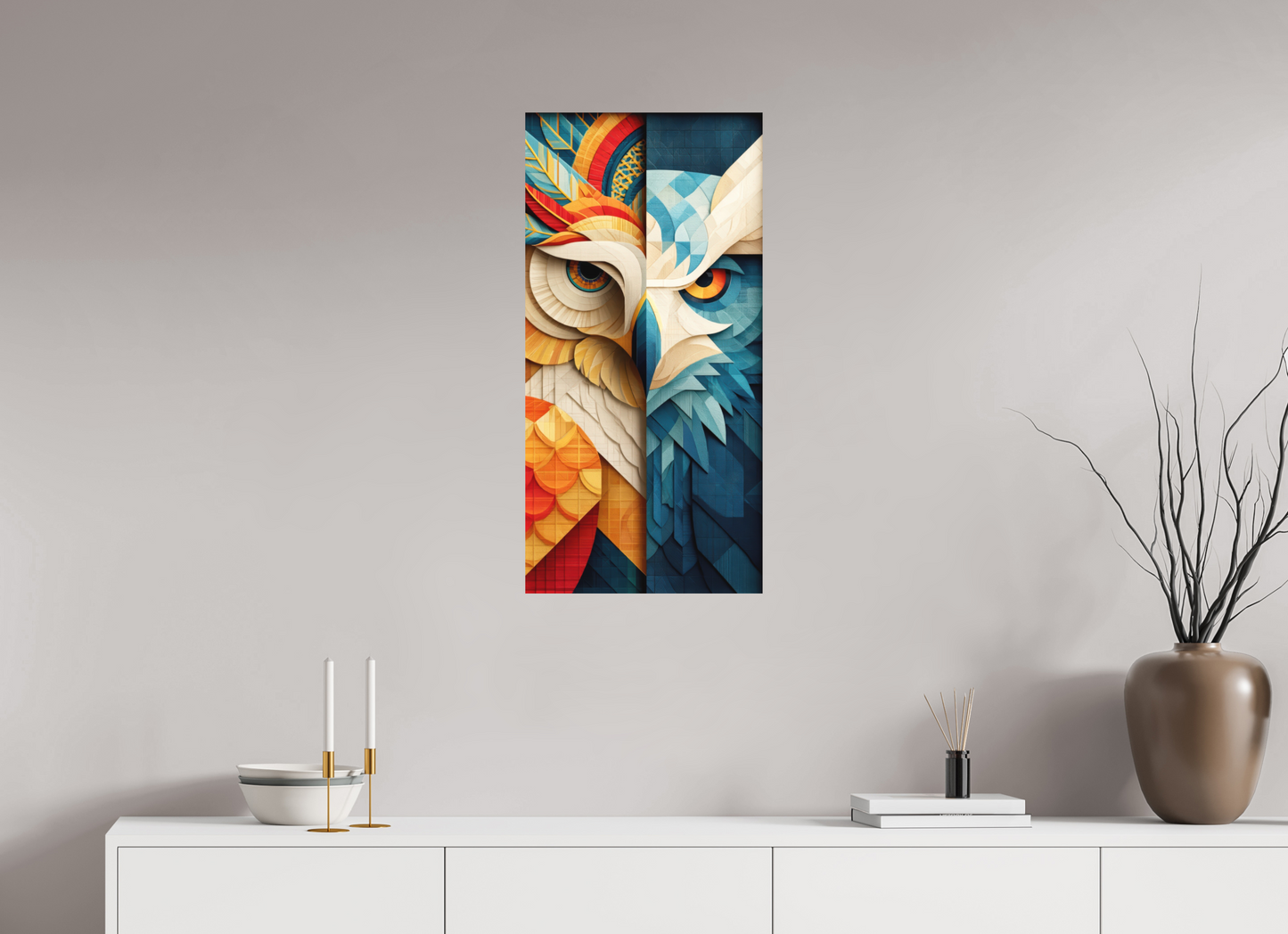 16 x 32.4″, Photo Print on Aluminum Backing Abstract Warm & Cold Owl