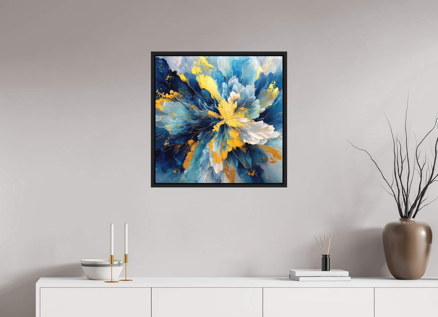 25 x 25″, Photo Print on Aluminum Backing with boarder Abstract Blue & Gold Flower
