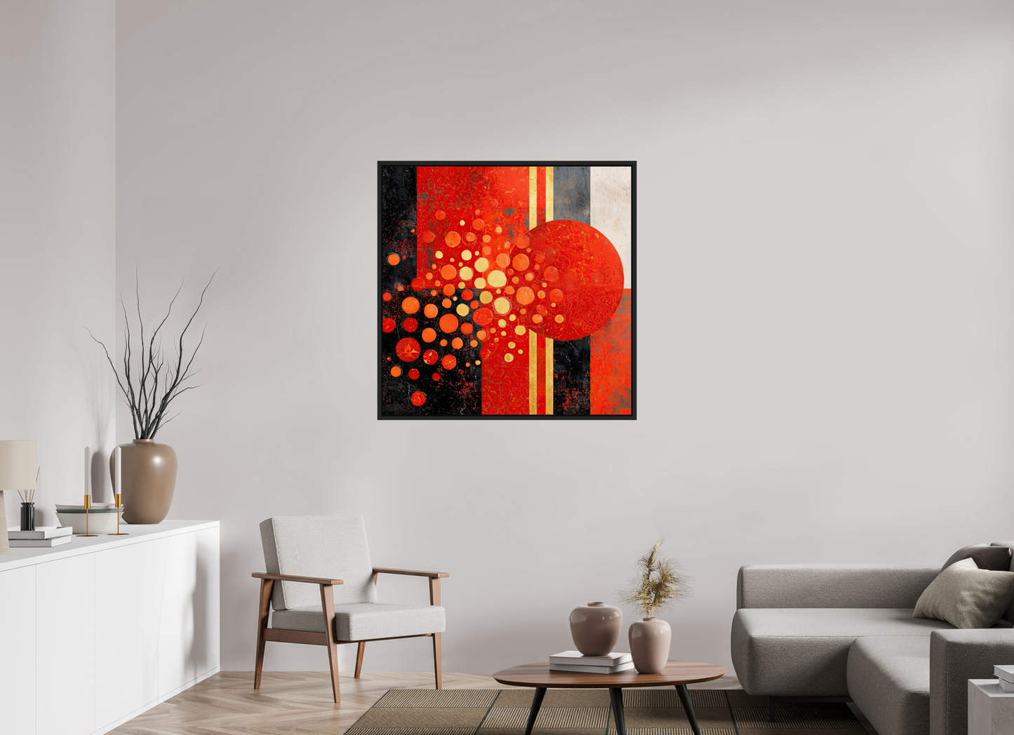 40 x 40″, Fine Art Print on Aluminum Dibond with Boarder Abstract Red Dots