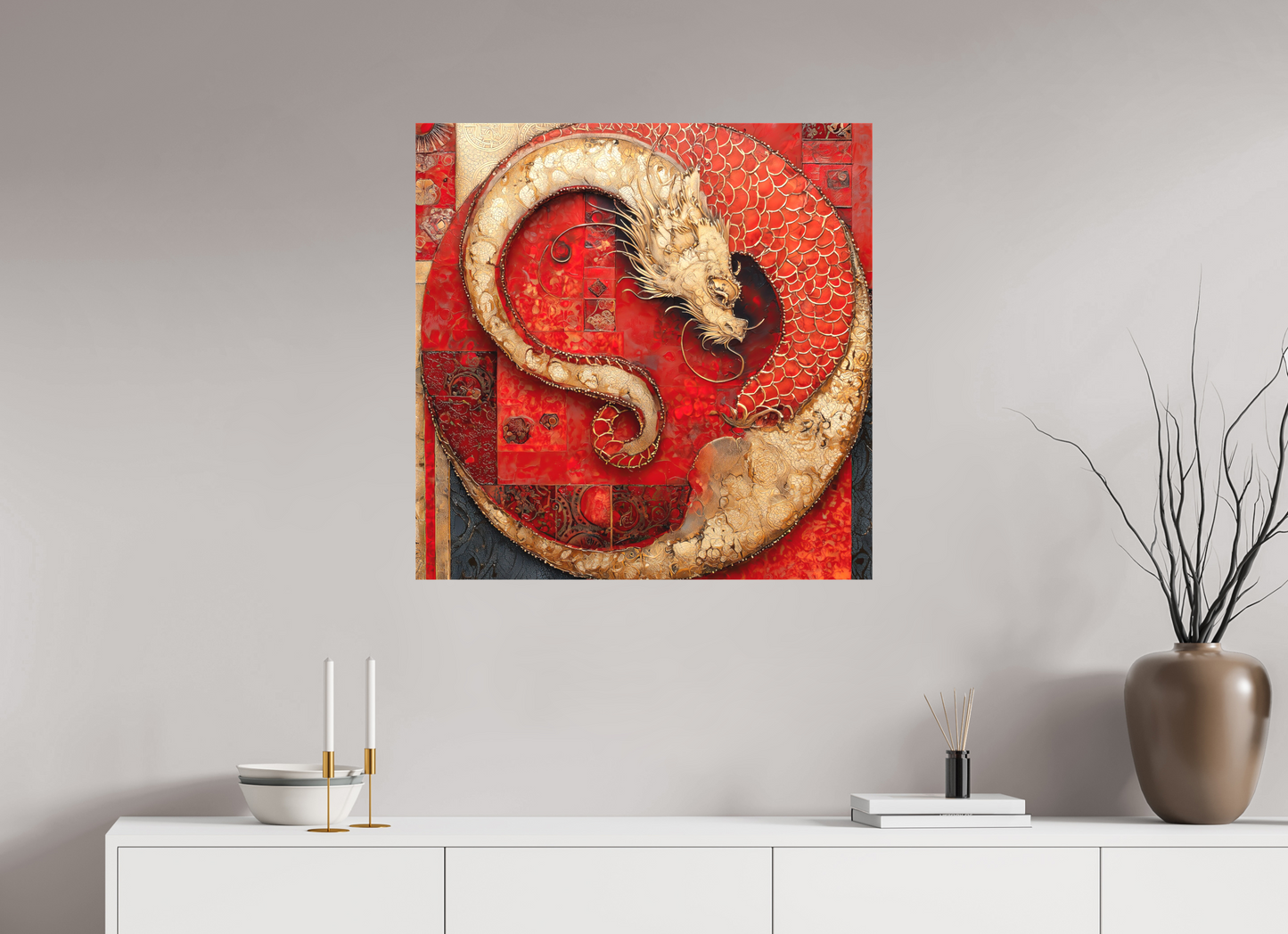 30 x 30″, Textile on Canvas Chinese Dragon