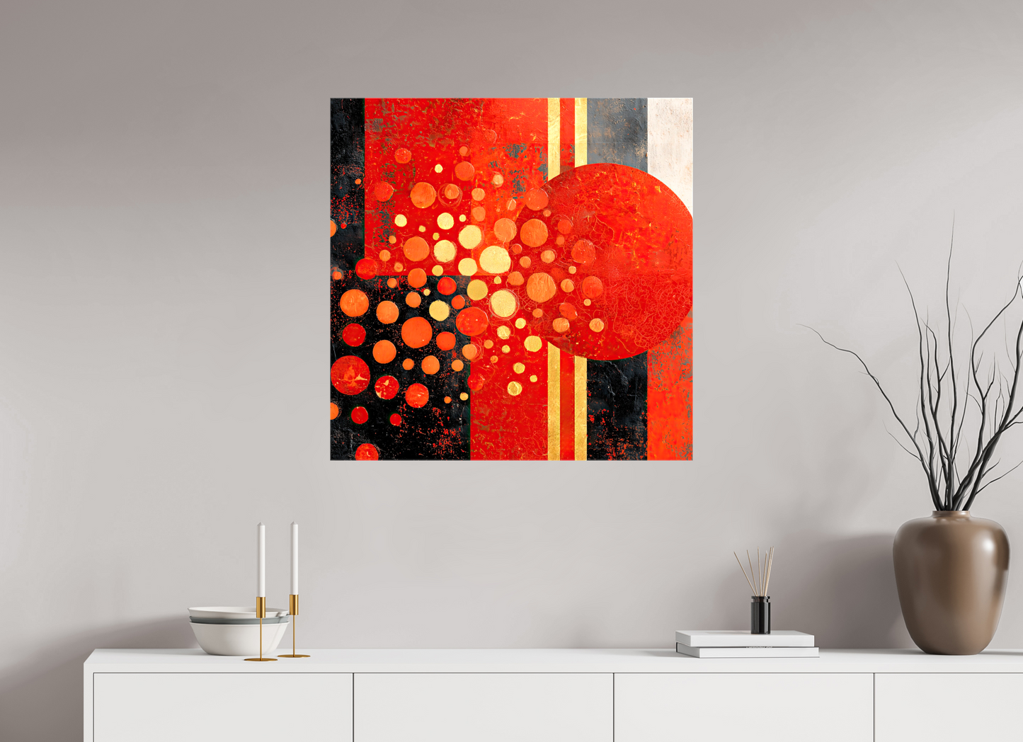 30 x 30″, Glossy Canvas Abstract Red Dots