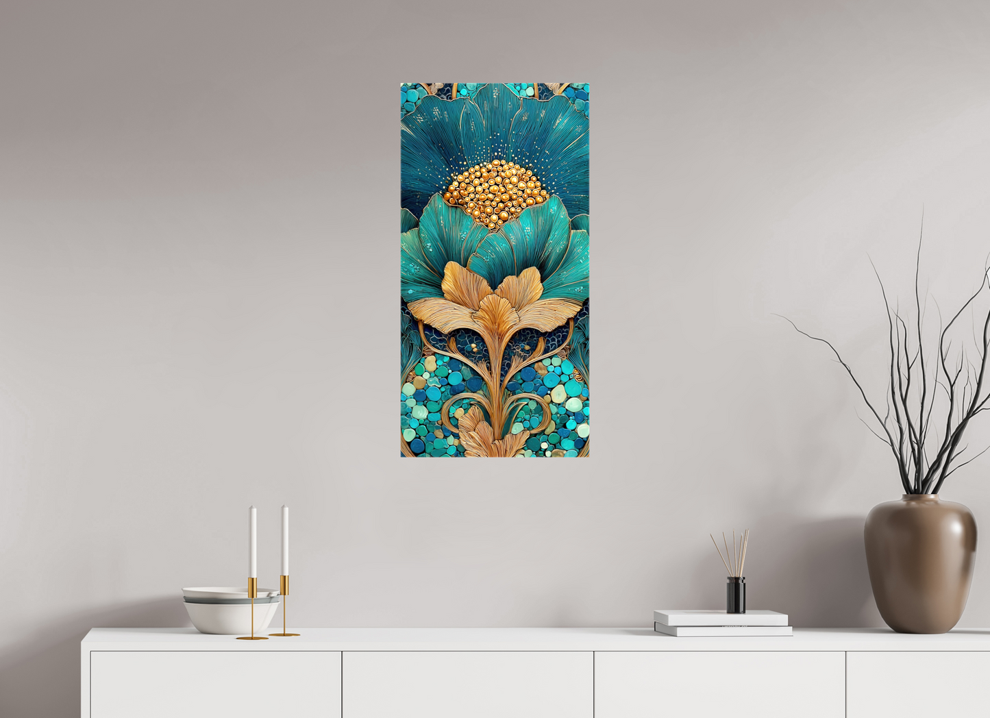 16 x 32″, Glossy Canvas Art Deco Teal Flower 2