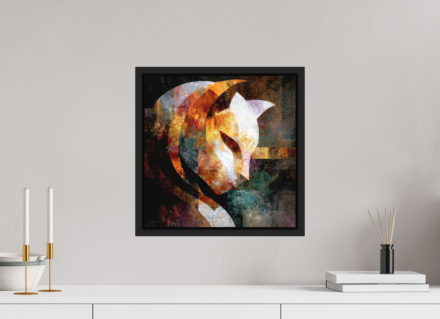 15 x 15″, Photo Print on Aluminum Backing with boarder Abstract Cat