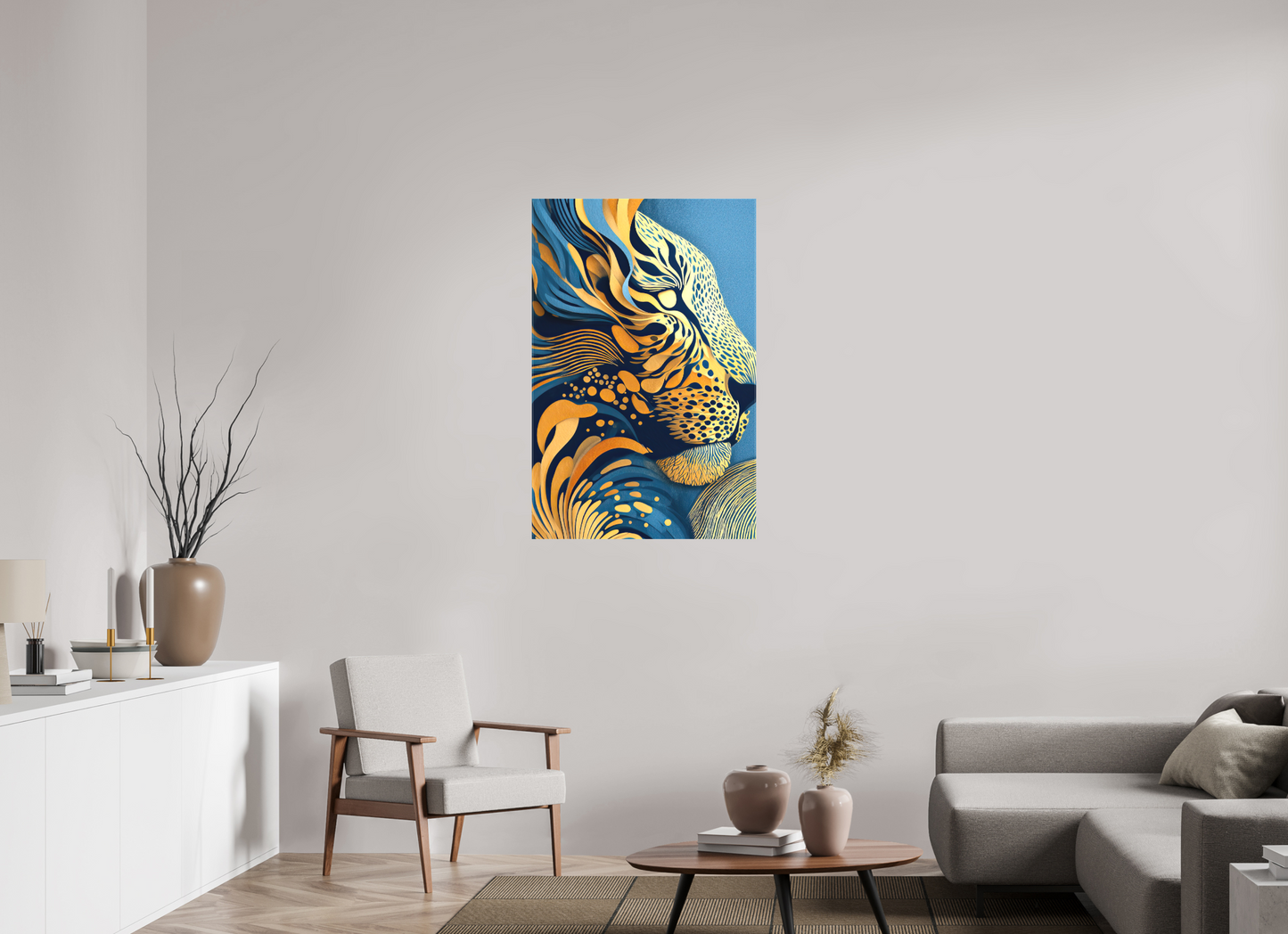 28 x 42.7″, Textile on Canvas Yellow & Blue Cheetah