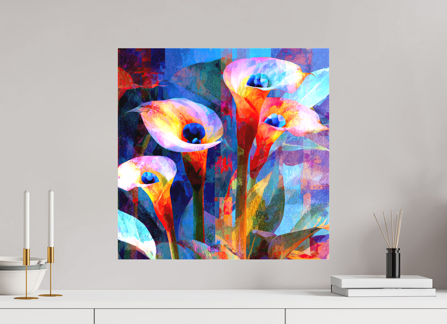 20 x 20″, Textile on Canvas Abstract Calla Lily Flowers