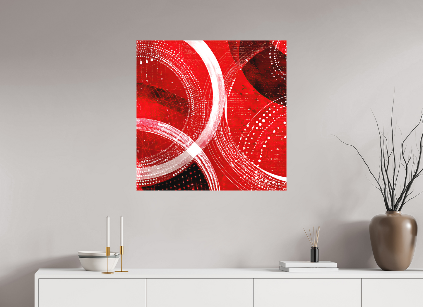 30 x 30″, Textile on Canvas Red & White