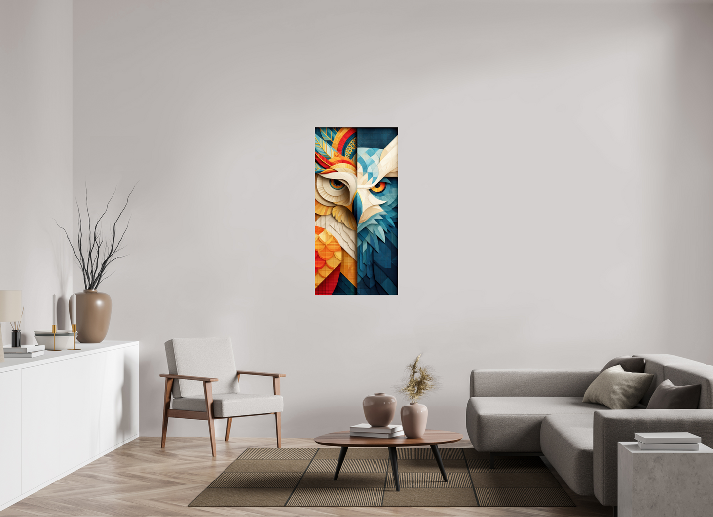 24 x 48.6″, Fine Art Print On Aluminum Dibond Abstract Warm & Cold Owl