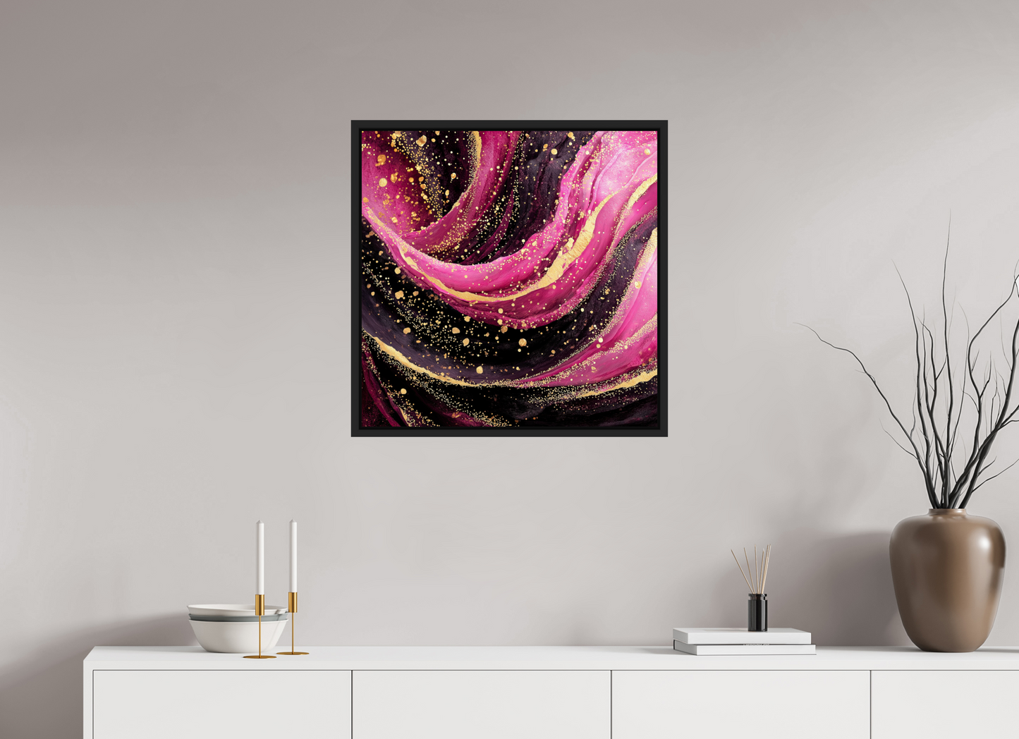 25 x 25″, Fine Art Print on Aluminum Dibond with Boarder Pink & Gold