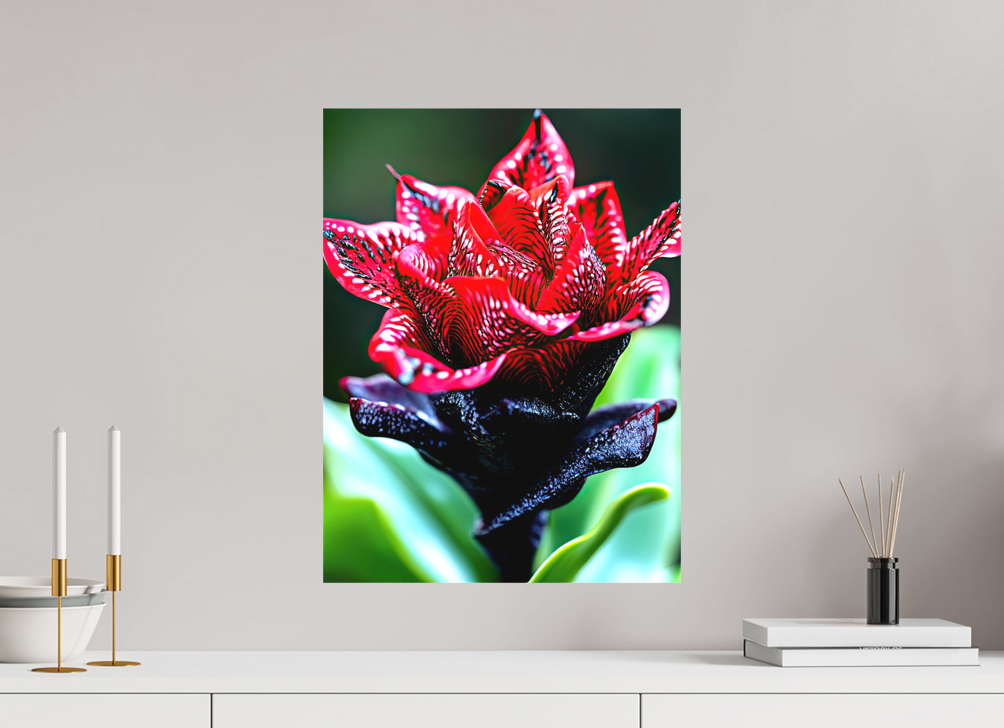 15 x 20″, Textile on Canvas Red Zebra Flower